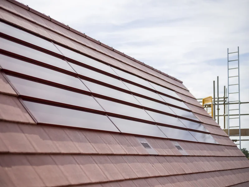 Close view of integrated red SolarTyle modules on a pitched roof