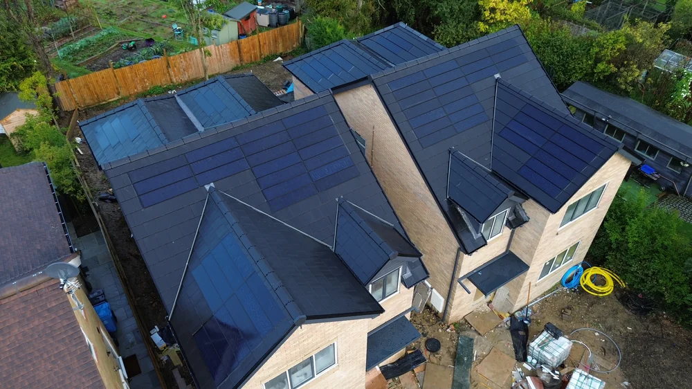 Overhead view of the intersecting SolarTyle roof planes