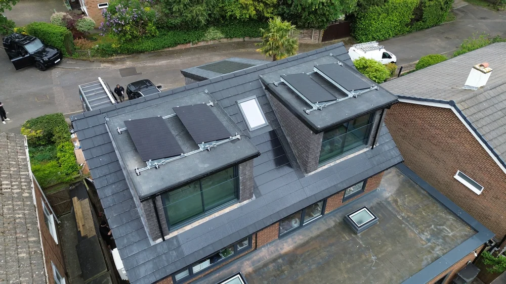 Overhead view of the roof geometry and SolarTyle layout