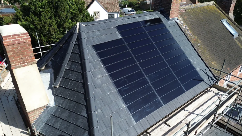 Closer roof view showing the integrated solar tile layout
