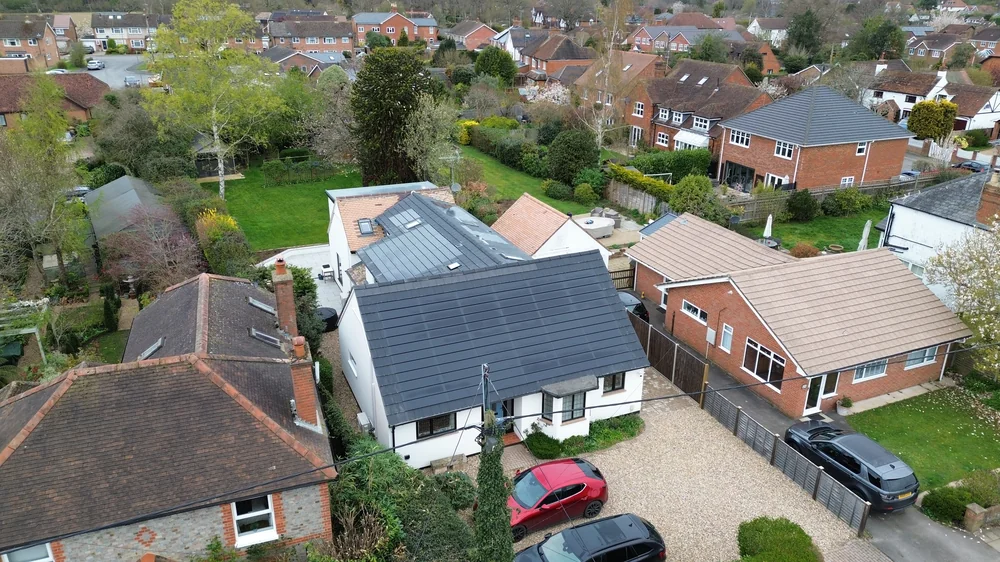 Overhead view of the main roof and neighbouring properties