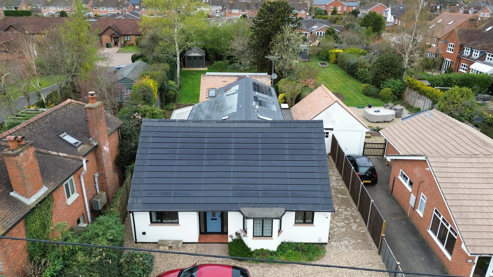 The integrated solar roof across the main elevation