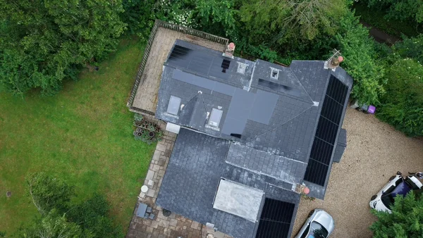 Aerial view of Vine Cottage and its SolarTyle roof
