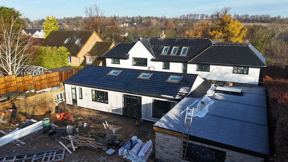 Another aerial view of the Cross Oak Road property and integrated SolarTyle roof