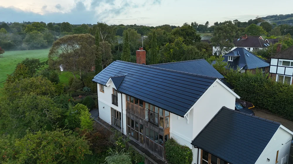 Integrated SolarTyle roof on the white Harefield home, viewed from above